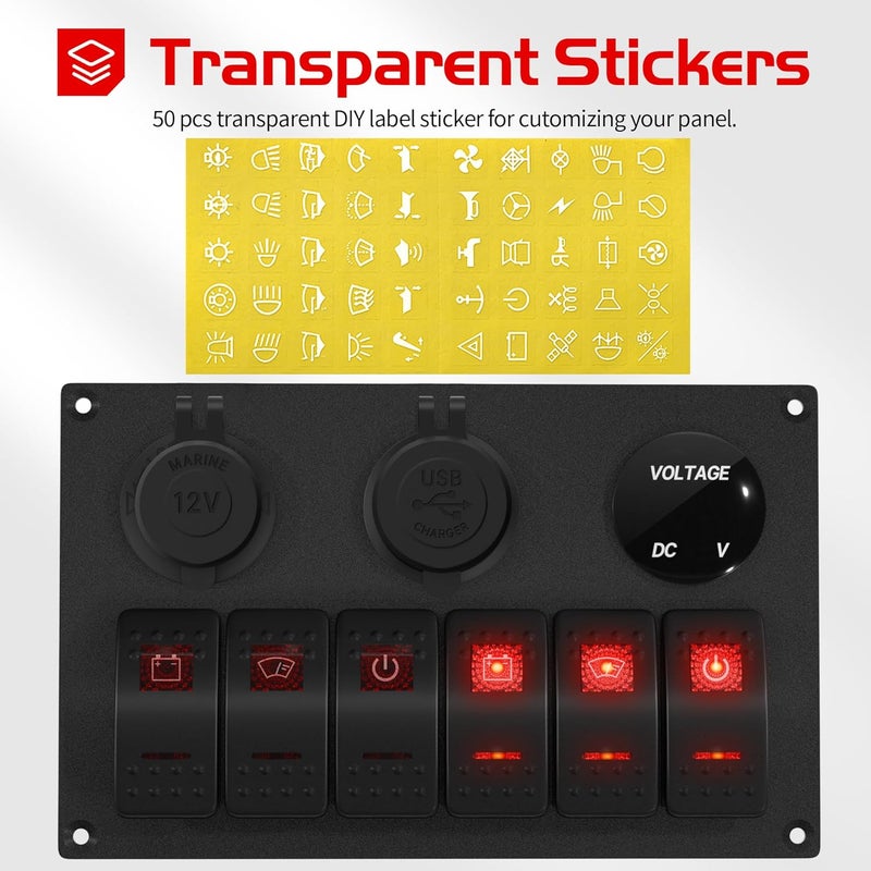 DAIERTEK 6 Gang Rocker Switch Panel 12V Marine Switch Panel Waterproof Red LED 5 Pin Marine Rocker Switch Panel with USB Cigarette Lighter Socket Voltmeter for Boat Automotive Car - Image 5